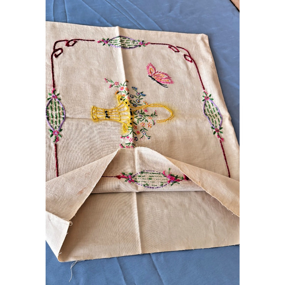 Vintage Embroidery Flower Basket Pillow Cover Case Butterflies 17x16 - Picture 10 of 12